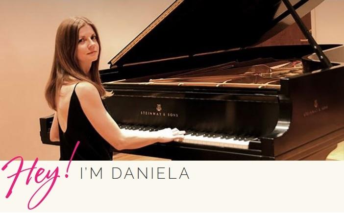 Daniela Clapp, the Vegan Mom, playing the piano