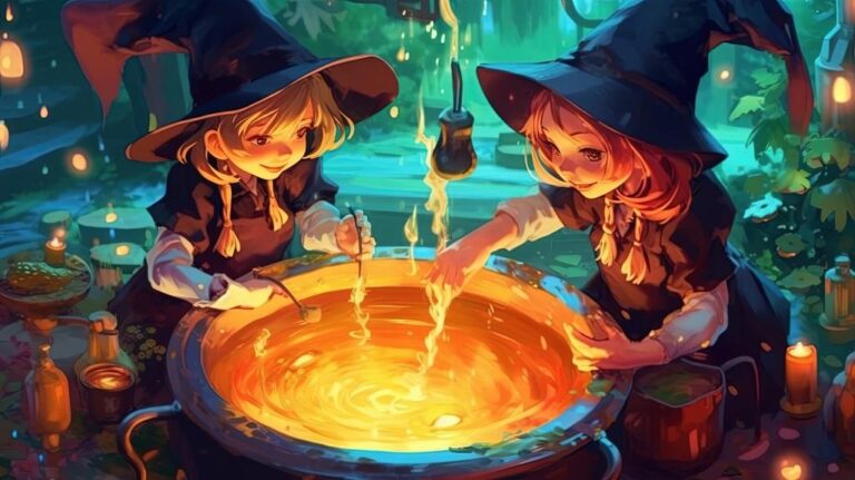Adorable little witches brewing potions in a cauldron