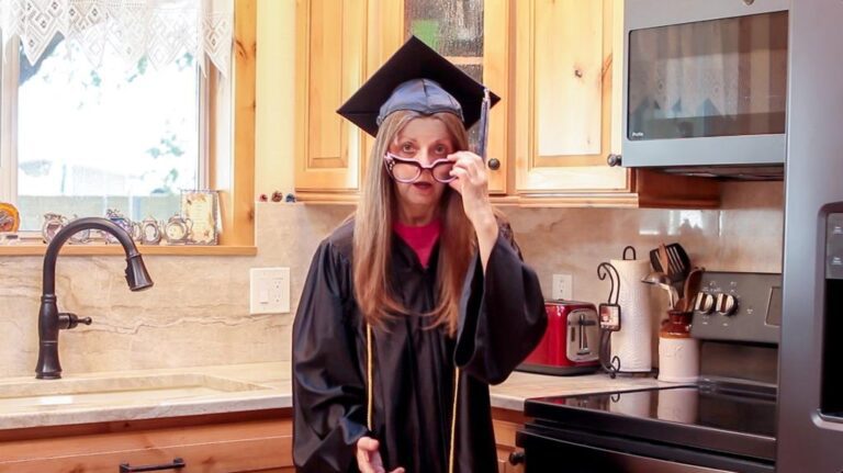 Vegan mom wearing funny student custome