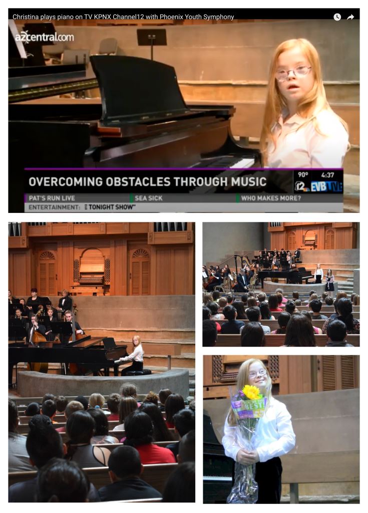 Girl with Down Syndrome performing a piano concert