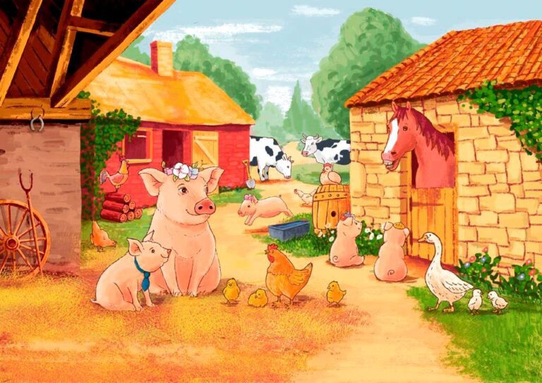 Mama pig and her babies in a farm illustration