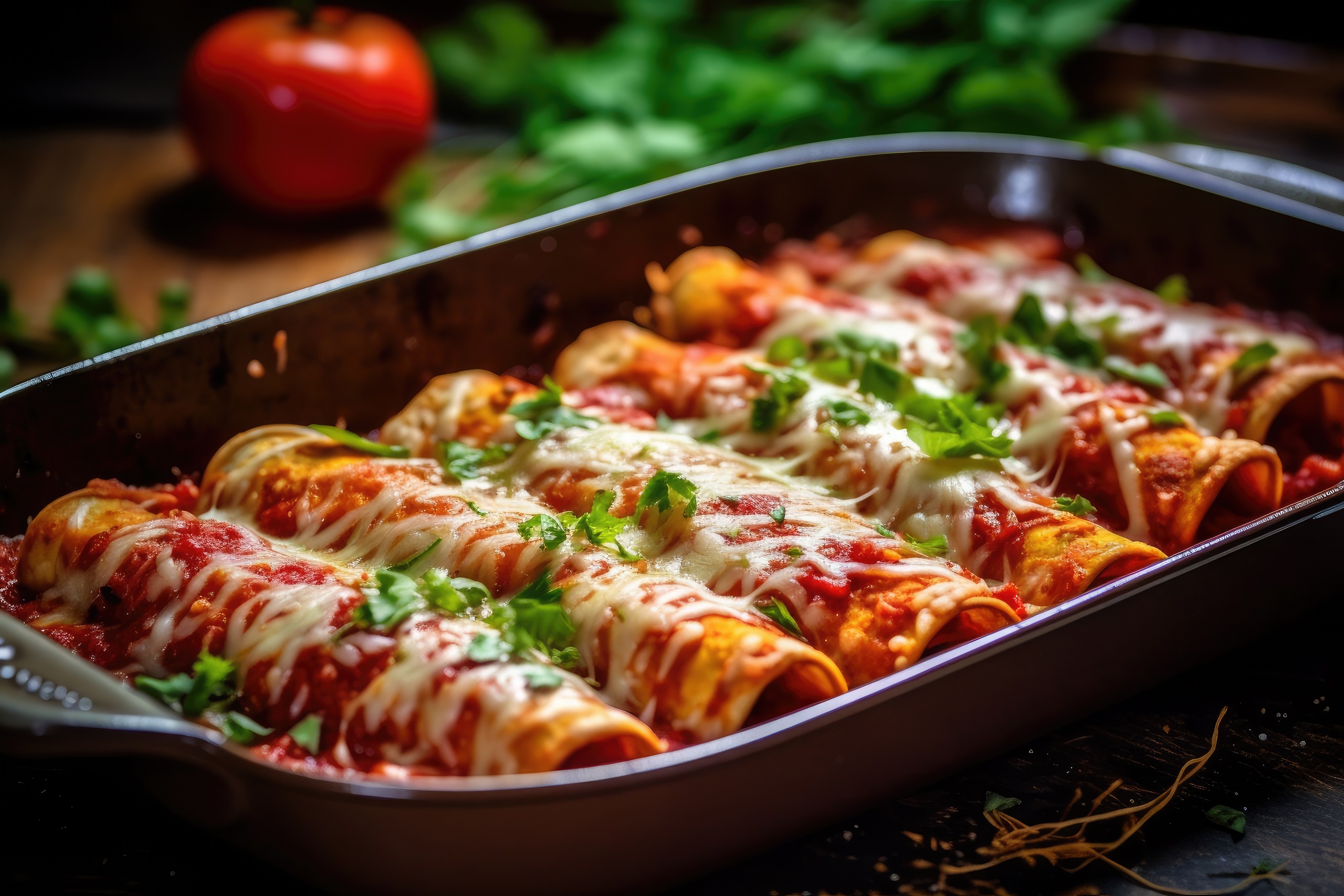 Vegan Mexican enchiladas on wooden table.