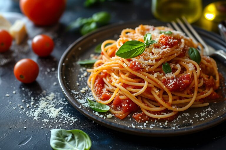 Classic italian spaghetti pasta with tomato sauce, vegan parmesan cheese and basil on plate, dark table, selective focus