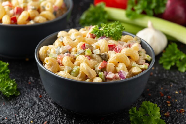 Vegan Noodle Salad with red bell pepper, onion, celery, gherkins and mayonnaise dressing