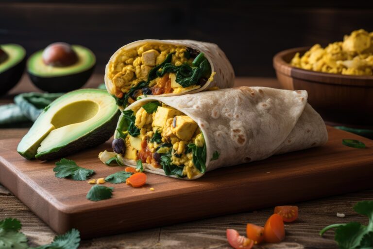 Vegan breakfast burrito, filled with scrambled tofu and vegetables.